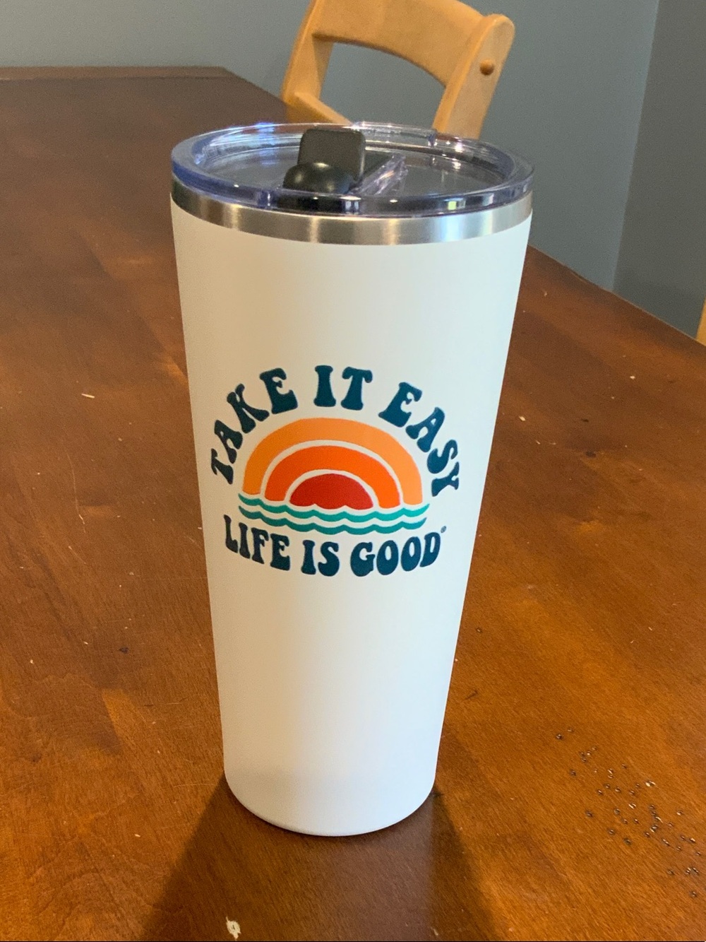 Life Is Good White Travel Tumbler with Orange Sunset Graphic
